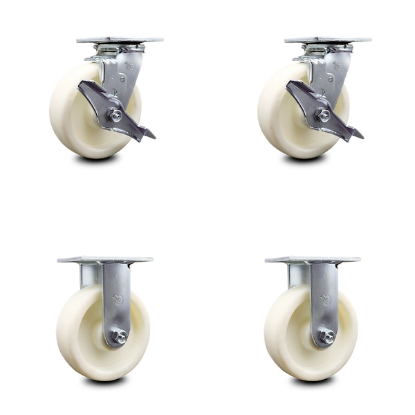 6 Inch Nylon Caster Set with Roller Bearings 2 Brakes 2 Rigid